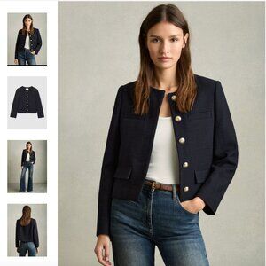 REISS Nola Cropped Wool Single Breasted Jacket in Navy